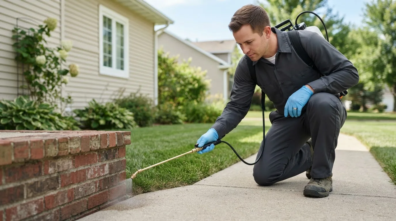 Pest control technician treating a home near Rhoadesville, VA