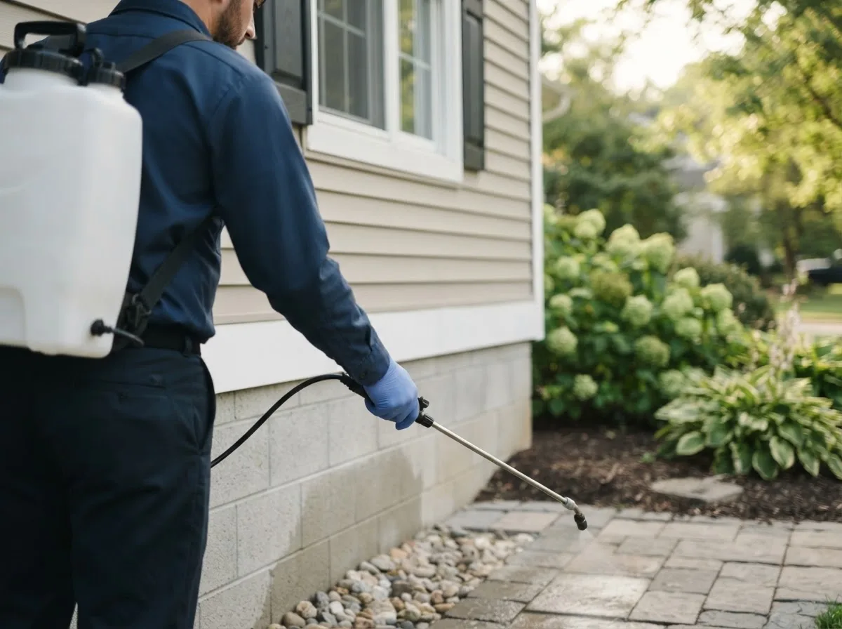 Pest control technician inspecting a home in Rhoadesville, VA